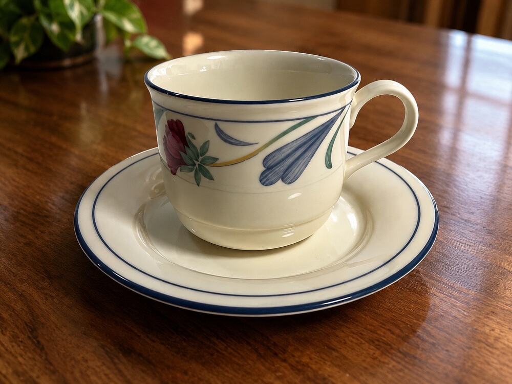 Lenox Poppies on Blue Flat Cup & Saucer Set Floral Blue Discontinued USA/France